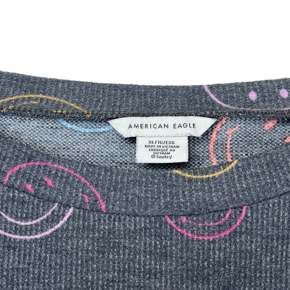 American Eagle Relaxed Waffle Knit Smiley Black Charcoal Pajama PJ Set size XL - Picture 4 of 7